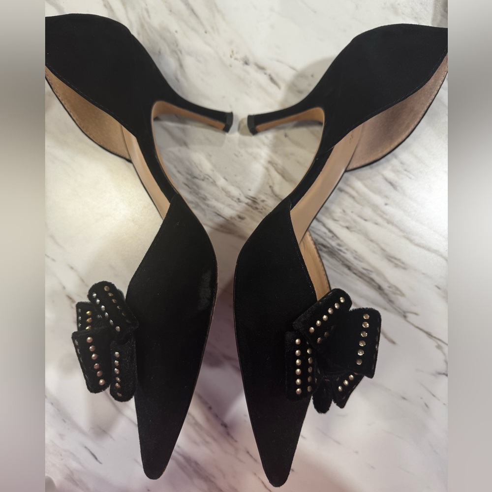 Black Suede Kate Spade Gold Studded Bow Pointed-Toe Pumps size 10 - Picture 5 of 10